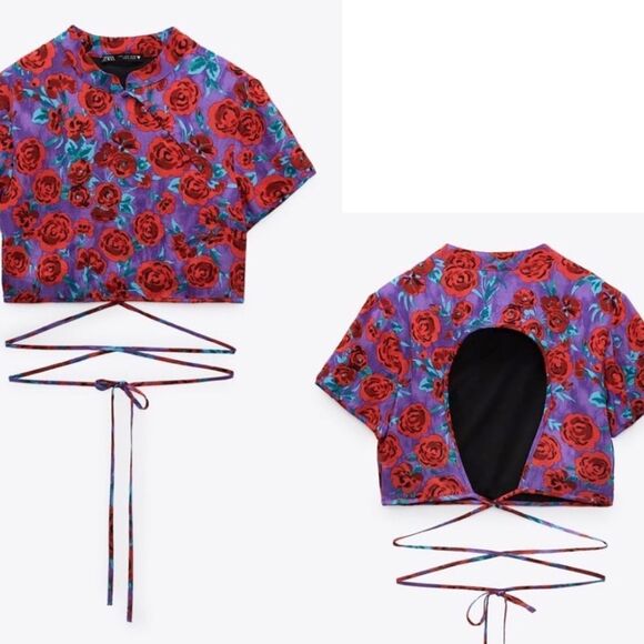 Zara round neck floral rose crop top short sleeve Sz S purple red blue NWT - Picture 4 of 10